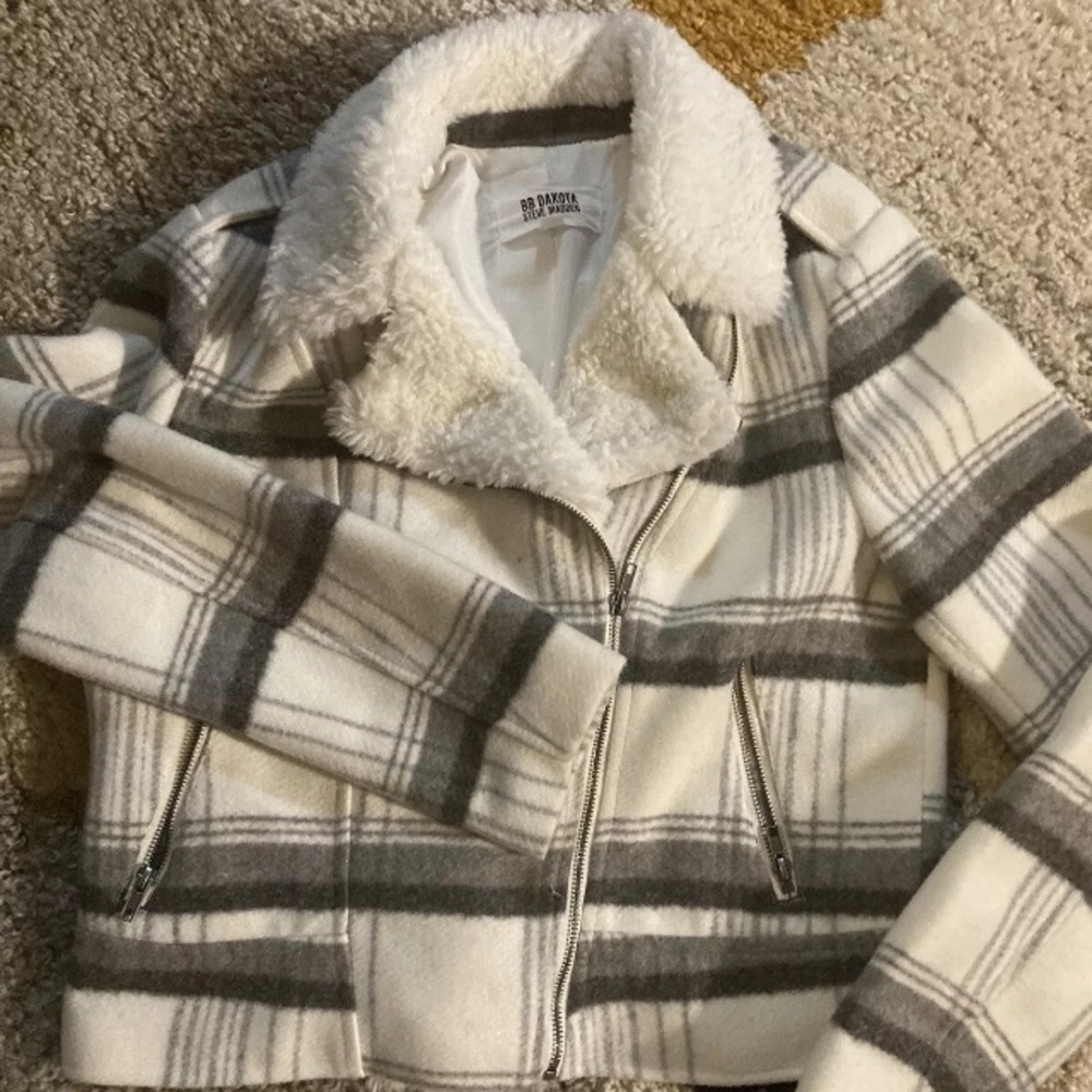 BB Dakota Bomber Jacket in White and Black with Cozy Faux Fur Collar